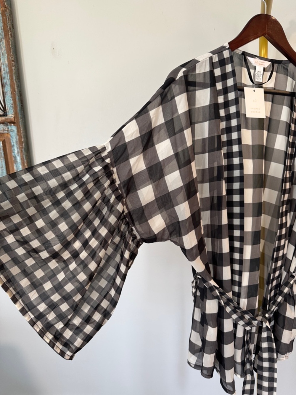 LC Lauren Conrad Black and White Gingham Open sheer Cardigan one size - Picture 4 of 11